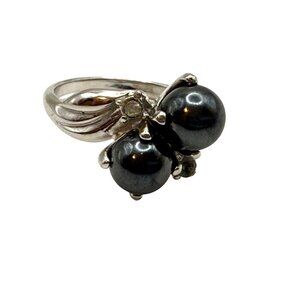 Vintage Style Black Pearl Cluster Ring Silver Tone Size 7 Statement Cocktail Rin